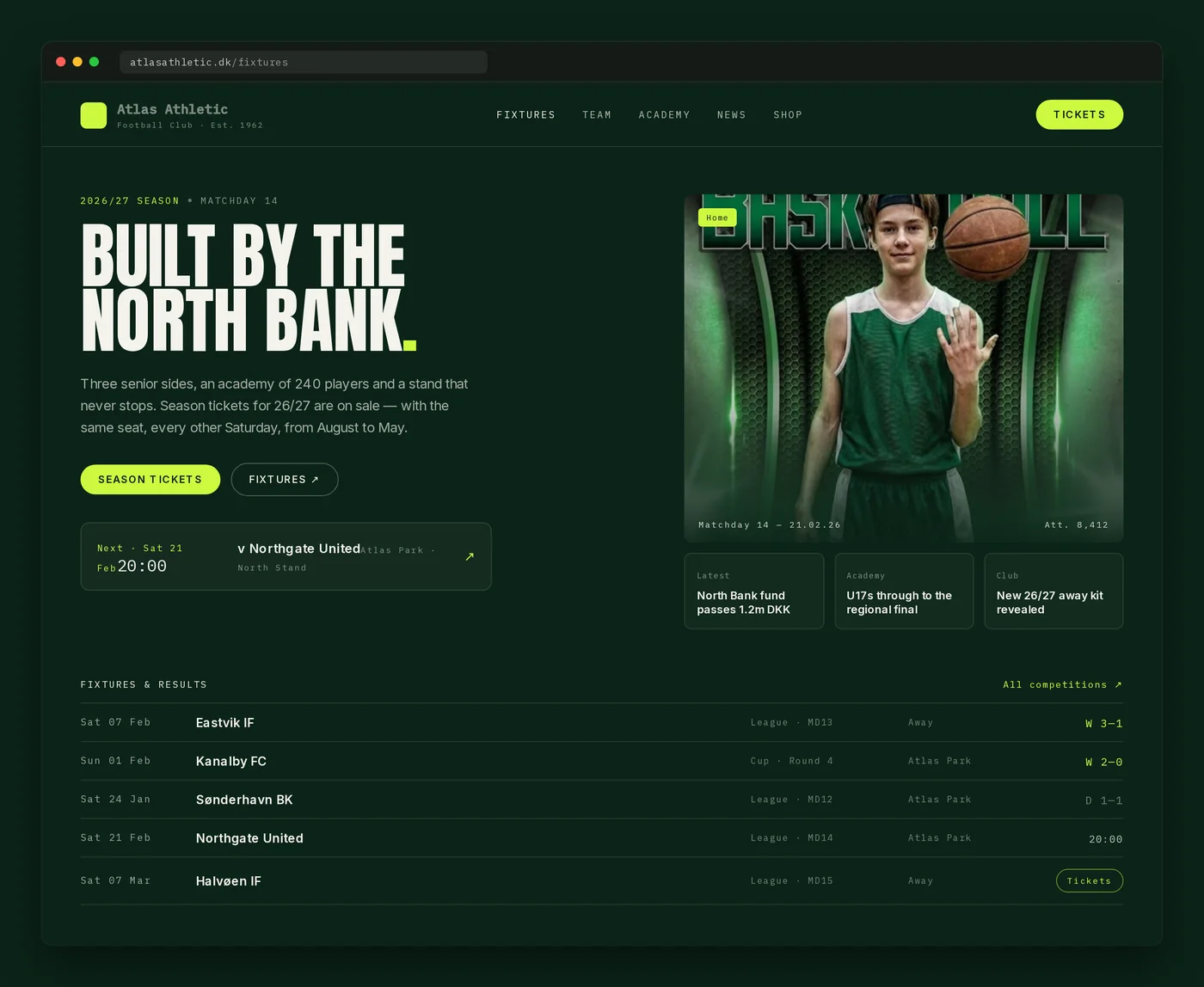 Atlas Athletic website — homepage with fixtures, results and ticketing